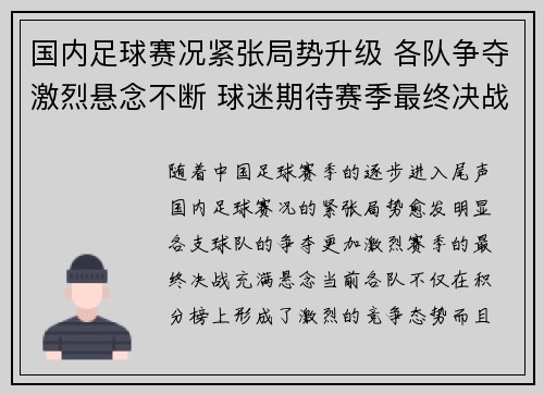 国内足球赛况紧张局势升级 各队争夺激烈悬念不断 球迷期待赛季最终决战