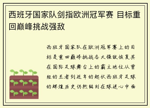 西班牙国家队剑指欧洲冠军赛 目标重回巅峰挑战强敌