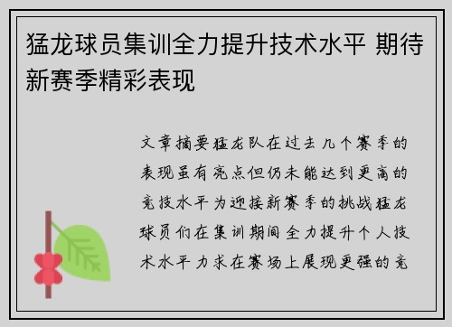 猛龙球员集训全力提升技术水平 期待新赛季精彩表现