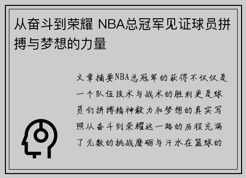 从奋斗到荣耀 NBA总冠军见证球员拼搏与梦想的力量