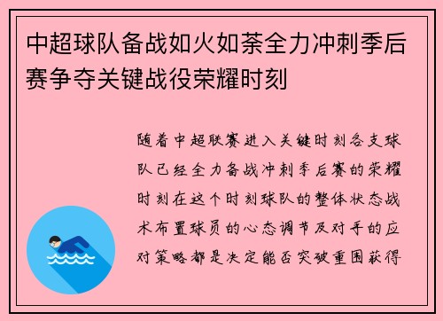 中超球队备战如火如荼全力冲刺季后赛争夺关键战役荣耀时刻