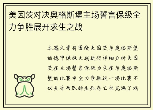 美因茨对决奥格斯堡主场誓言保级全力争胜展开求生之战