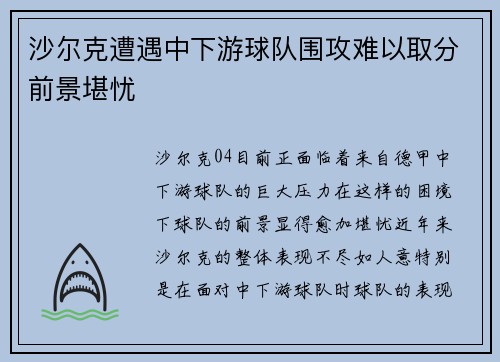 沙尔克遭遇中下游球队围攻难以取分前景堪忧