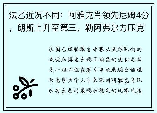 法乙近况不同：阿雅克肖领先尼姆4分，朗斯上升至第三，勒阿弗尔力压克莱蒙进前五