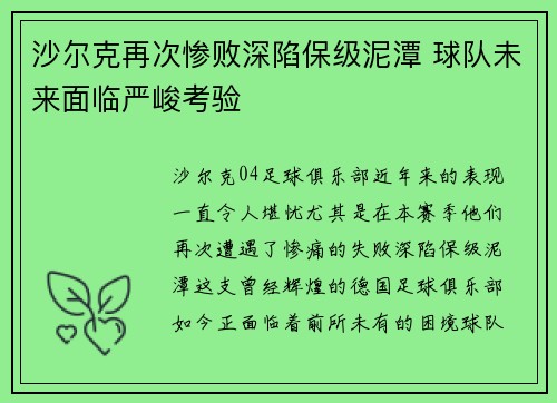 沙尔克再次惨败深陷保级泥潭 球队未来面临严峻考验