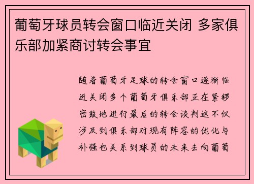 葡萄牙球员转会窗口临近关闭 多家俱乐部加紧商讨转会事宜