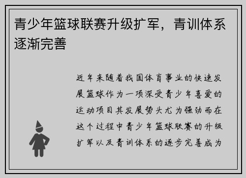 青少年篮球联赛升级扩军，青训体系逐渐完善