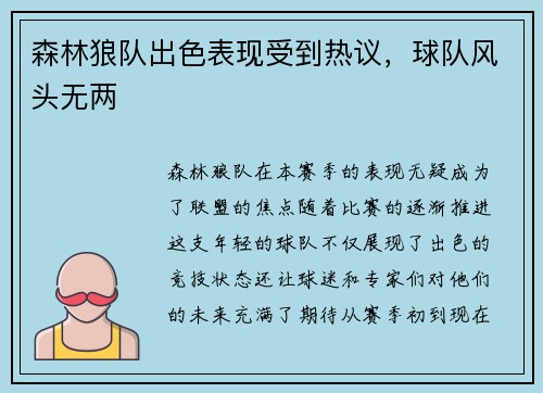 森林狼队出色表现受到热议，球队风头无两